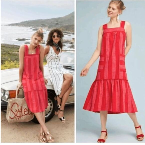 Maeve by Anthropologie Red Tonal Striped Summer Casual Midi Dress, XS - Picture 1 of 10